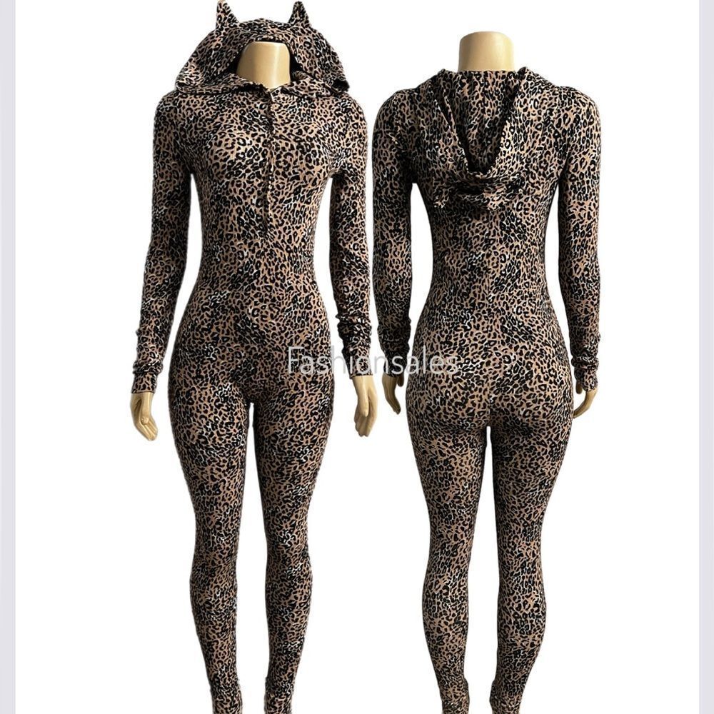 Victorias Secret Pink Thermal Hoodie Sleep Onesie Pajamas Catsuit Leopard Medium